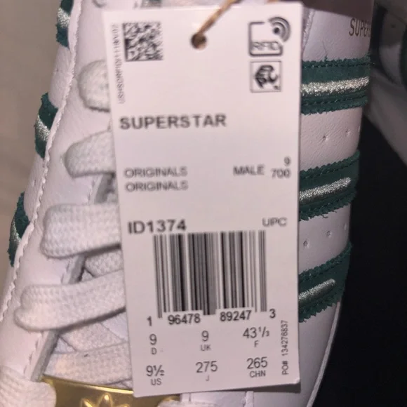 Adidas Superstar White Green Stripe Gold Plate Sneakers Men’s 9 Women’s 10.5 - Picture 6 of 6